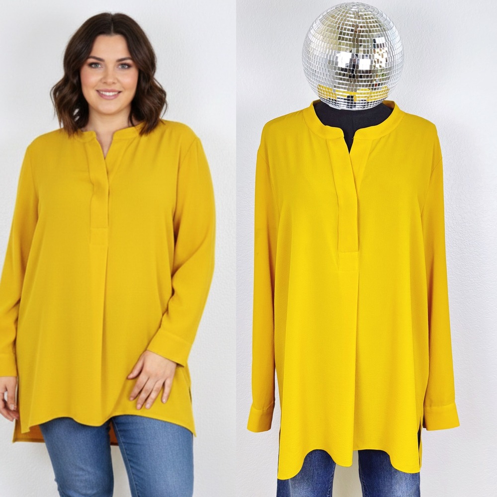 Vince Camuto V Neck‎ Tunic, Women's XL, Mustard Yellow Long Sleeve Shirt